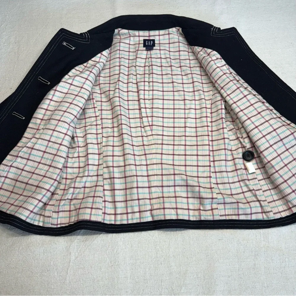 GAP Jacket Black Wool Blend Collared White Stitch Trim Pockets Lined Size Med - Picture 5 of 16